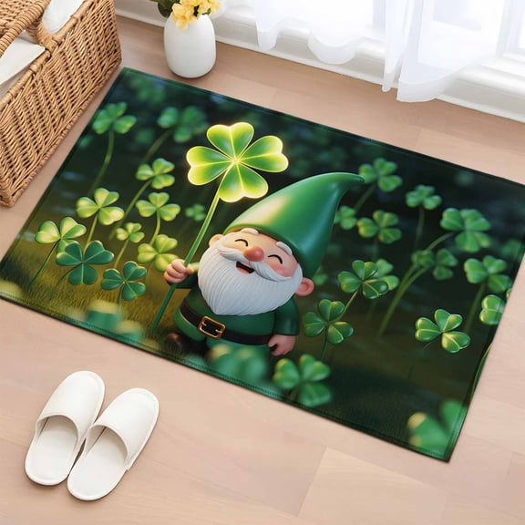 2x3 Door Mat Rug, St. Patrick's Day Non-Skid Rubber Backing Large Rectangle Rugs - Living Room Bedroom Home Office, Spring Green Shamrock Gnomes Leaves Indoor Floor Mat Carpets Washable Rug