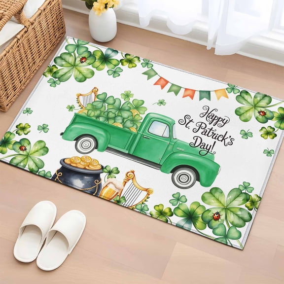 2x3 Door Mat Rug, St. Patrick's Day Non-Skid Rubber Backing Large Rectangle Rugs - Living Room Bedroom Home Office, Spring Lucky Shamrocks Green Truck Country Indoor Floor Mat Carpets Washable Rug