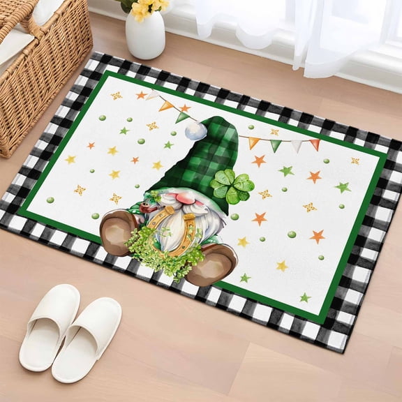 2x3 Door Mat Rug, St Patricks Day Non-Skid Rubber Backing Large Rectangle Rugs - Living Room Bedroom Home Office, Watercolor Green Gnomes Shamrock Plaid Indoor Floor Mat Carpets Washable Rug