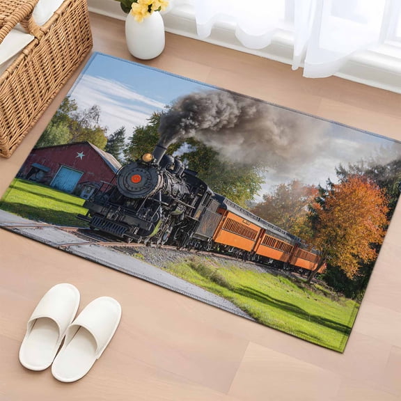 2x3 Door Mat Rug, Steam Train Non-Skid Rubber Backing Large Rectangle Rugs - Living Room Bedroom Home Office, Railroad Country Barn Rustic Trees Farmhouse Indoor Floor Mat Carpets Washable Rug