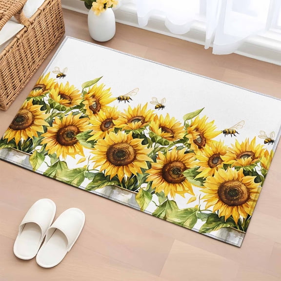 2x3 Door Mat Rug, Sunflower Bee Non-Skid Rubber Backing Large Rectangle Rugs - Living Room Bedroom Home Office, Watercolor Yellow White Summer Spring Indoor Floor Mat Carpets Washable Rug