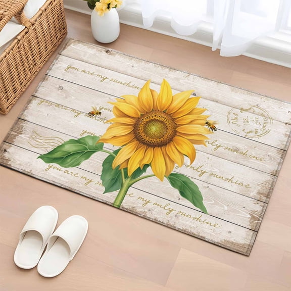 2x3 Door Mat Rug, Sunflower Non-Skid Rubber Backing Large Rectangle Rugs - Living Room Bedroom Home Office, Yellow Summer Botanical Bees Pastoral Wooden Indoor Floor Mat Carpets Washable Rug