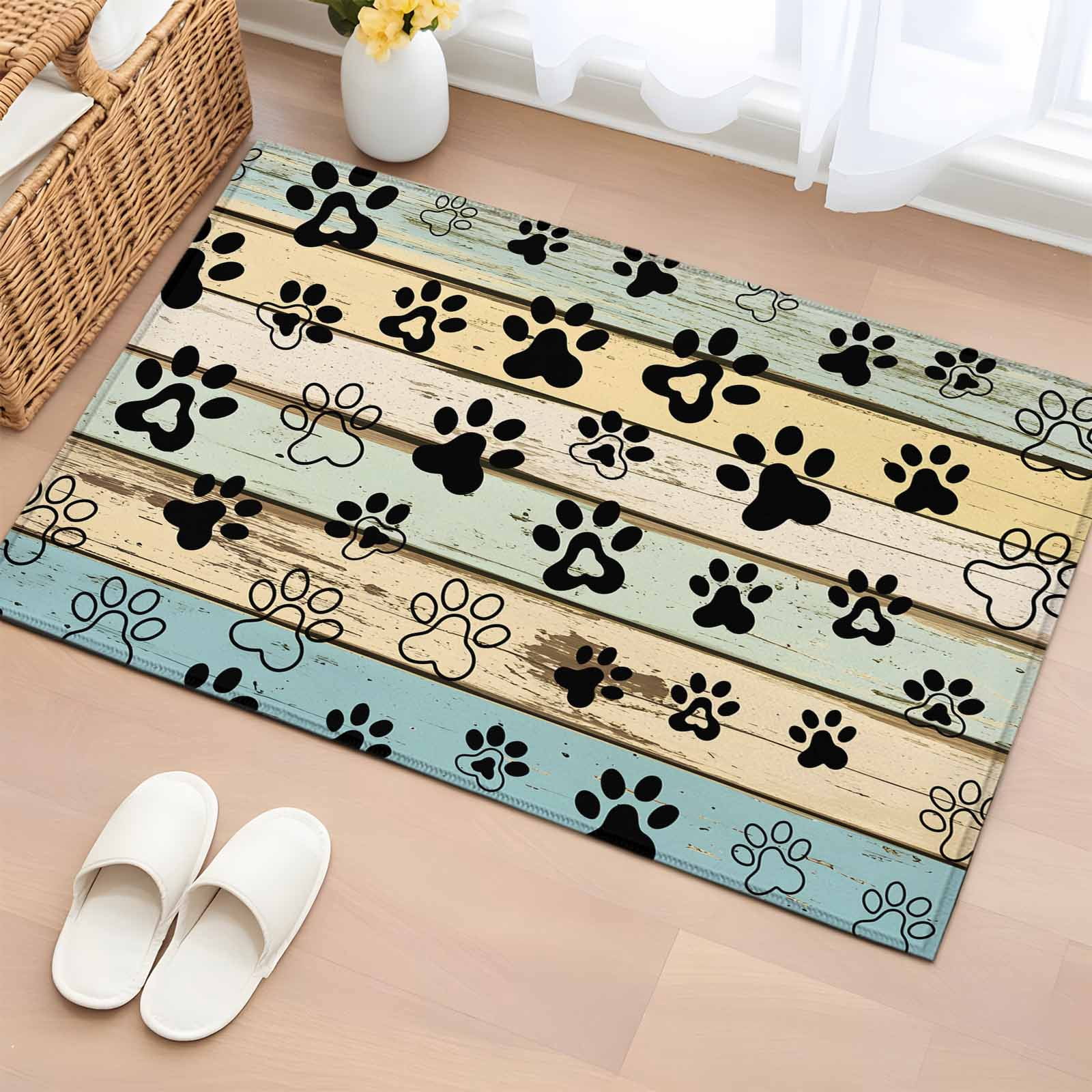 Square Paw Print Rug 2x3 Door Mat Rug, Teal Brown Paw Prints Non-Skid Rubber Backing Large ...