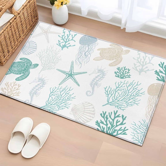 2x3 Door Mat Rug, Teal Coastal Non-Skid Rubber Backing Large Rectangle Rugs - Living Room Bedroom Home Office, Nautical Summer Beach Coral Sea Turtle Indoor Floor Mat Carpets Washable Rug