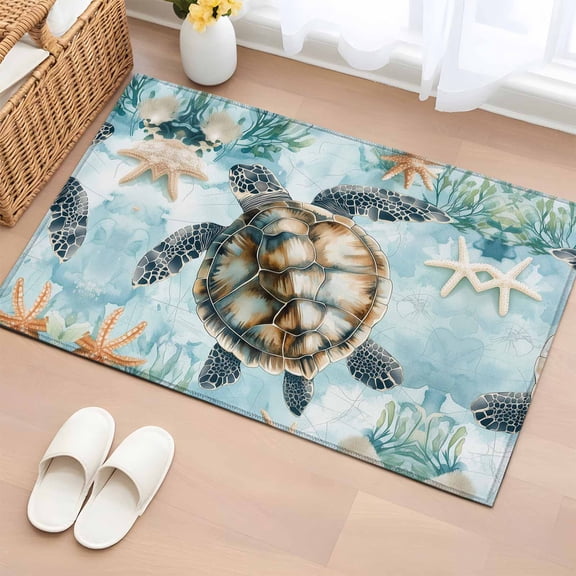 2x3 Door Mat Rug, Teal Sea Turtle Coastal Non-Skid Rubber Backing Large Rectangle Rugs - Living Room Bedroom Home Office, Summer Beach Nautical Coral Indoor Floor Mat Carpets Washable Rug