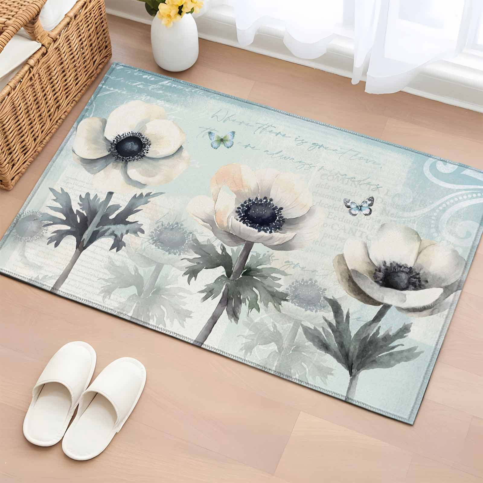 2x3 Door Mat Rug, Teal Spring Floral Non-Skid Rubber Backing Large ...