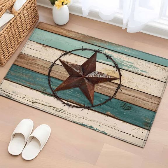 2x3 Door Mat Rug, Texas Star Non-Skid Rubber Backing Large Rectangle Rugs - Living Room Bedroom Home Office, Country Teal Brown Farmhouse Wooden Indoor Floor Mat Carpets Washable Rug