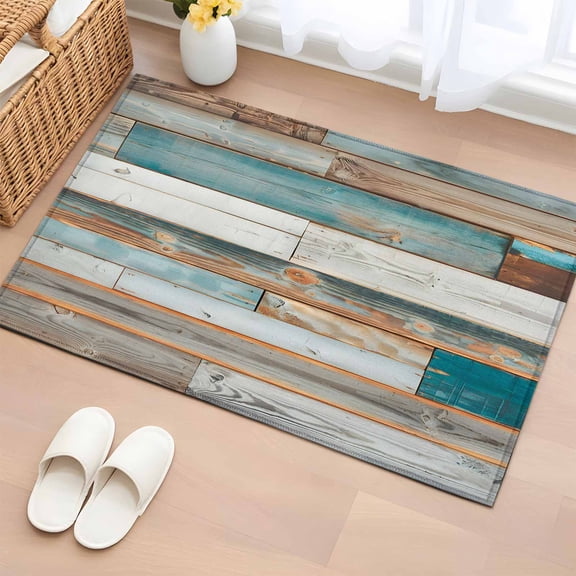 2x3 Door Mat Rug, Turquoise Brown Non-Skid Rubber Backing Large Rectangle Rugs - Living Room Bedroom Home Office, Vintage Country Ombre Wooden Grain Indoor Floor Mat Carpets Washable Rug