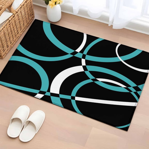 2x3 Door Mat Rug, Turquoise Geometric Non-Skid Rubber Backing Large Rectangle Rugs - Living Room Bedroom Home Office, Modern Abstract Aesthetic Striped Art Indoor Floor Mat Carpets Washable Rug
