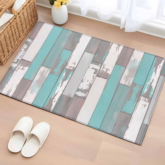 2x3 Door Mat Rug, Turquoise Gray Non-Skid Rubber Backing Large Rectangle Rugs - Living Room Bedroom Home Office, Country Retro Mottled Texture Wood Grain Indoor Floor Mat Carpets Washable Rug