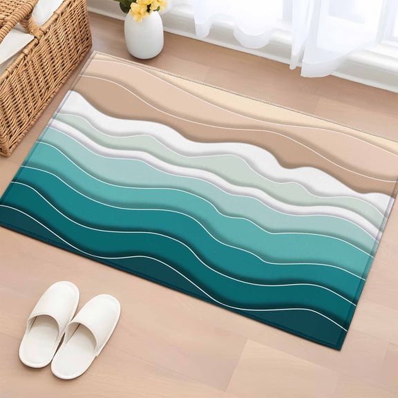 2x3 Door Mat Rug, Turquoise Ombre Stripe Non-Skid Rubber Backing Large Rectangle Rugs - Living Room Bedroom Home Office, Abstract Summer Beach Coastal Indoor Floor Mat Carpets Washable Rug