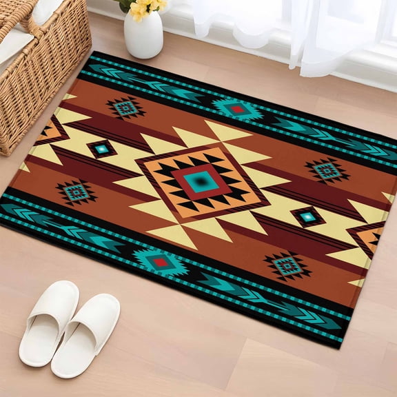 2x3 Door Mat Rug, Turquoise Red Non-Skid Rubber Backing Large Rectangle Rugs - Living Room Bedroom Home Office, Southwest American Native Abstract Pattern Indoor Floor Mat Carpets Washable Rug