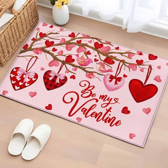 2x3 Door Mat Rug, Valentine's Day, Non-Skid Rubber Backing Large Rectangle Rugs - Living Room Bedroom Home Office, Valentine Tree Red Hearts Love Plaid Indoor Floor Mat Carpets Washable Rug