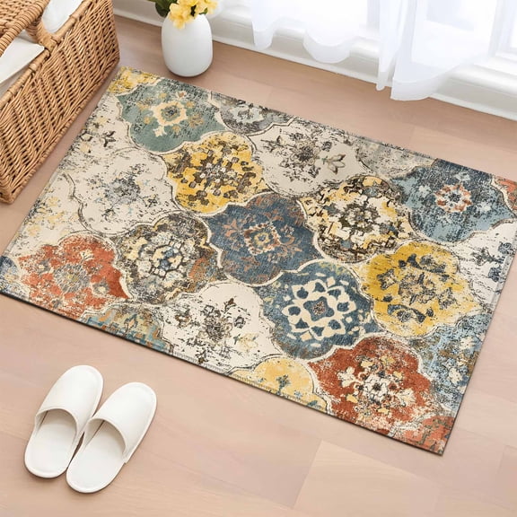 2x3 Door Mat Rug, Vintage Boho Non-Skid Rubber Backing Large Rectangle Rugs - Living Room Bedroom Home Office, Chic Farmhouse Neutral Morocco Geometric Indoor Floor Mat Carpets Washable Rug