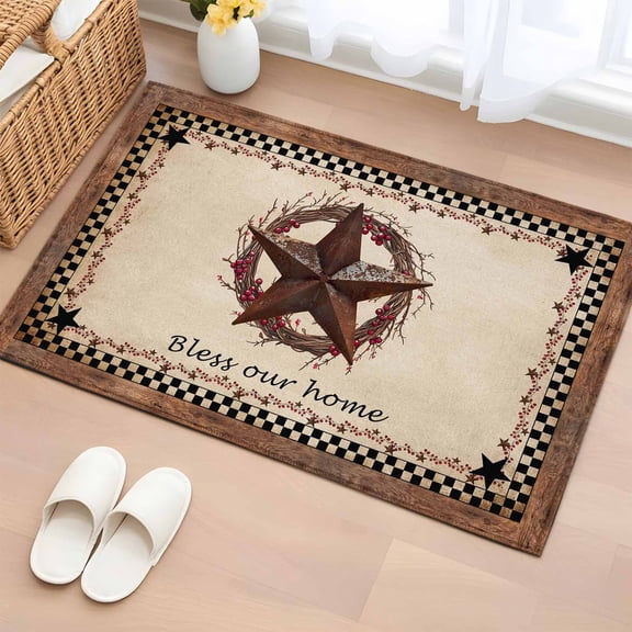 2x3 Door Mat Rug, Western Star Vintage Non-Skid Rubber Backing Large Rectangle Rugs - Living Room Bedroom Home Office, Country Texas Stars Buffalo Plaid Brown Indoor Floor Mat Carpets Washable Rug