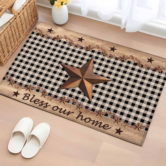 2x3 Door Mat Rug, Western Texas Star Vintage Non-Skid Rubber Backing Large Rectangle Rugs - Living Room Bedroom Home Office, Rustic Wreath Wood Black Plaid Indoor Floor Mat Carpets Washable Rug