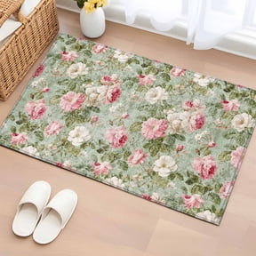 2x3 Door Mat Rug, White Pink Flower Non-Skid Rubber Backing Large Rectangle Rugs - Living Room Bedroom Home Office, Shabby Chic Spring Vintage Leaf Green Indoor Floor Mat Carpets Washable Rug