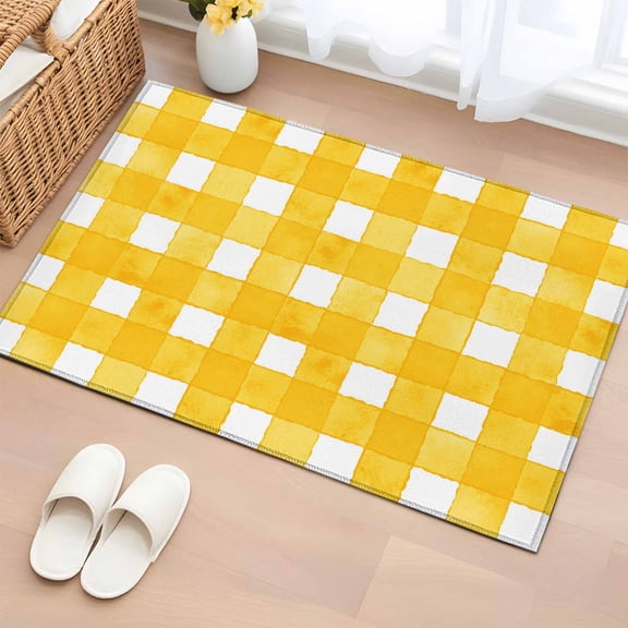 2x3 Door Mat Rug, Yellow Plaid Non-Skid Rubber Backing Large Rectangle Rugs - Living Room Bedroom Home Office, Watercolor Grid Checker Gingham Farmhouse Indoor Floor Mat Carpets Washable Rug