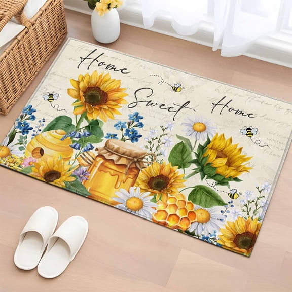 2x3 Door Mat Rug, Yellow Sunflowers Non-Skid Rubber Backing Large Rectangle Rugs - Living Room Bedroom Home Office, Daisy Bees Elegant Pastoral Floral Indoor Floor Mat Carpets Washable Rug