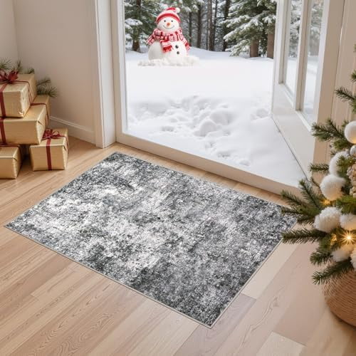 2x3 Entryway Area Rug: Washable Neutral Modern Abstract Small Rug - Non-Slip Low Pile Throw Indoor Carpet for Entrance Kitchen Front Door Mat Bathroom Entry Kids Room - Grey