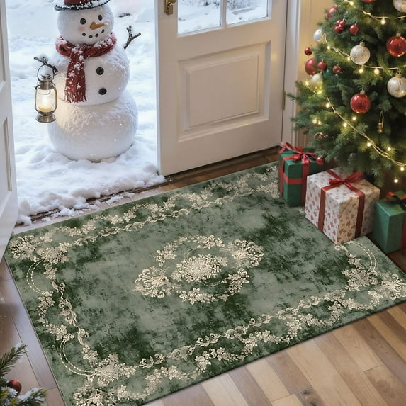 2x3 Entryway Rug Bathroom Rugs for Front Door Bedroom Kitchen, Washable Vintage Print Carpet, Floor Mat with Non Slip Backing