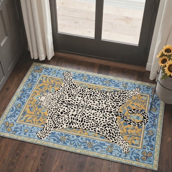 2x3 Entryway Rug Machine Washable Non Slip Low Pile Indoor Doormat for Entrance, Front Door, Kitchen, Hallway, Bathroom, Leopard Print Pattern, Azure Gold