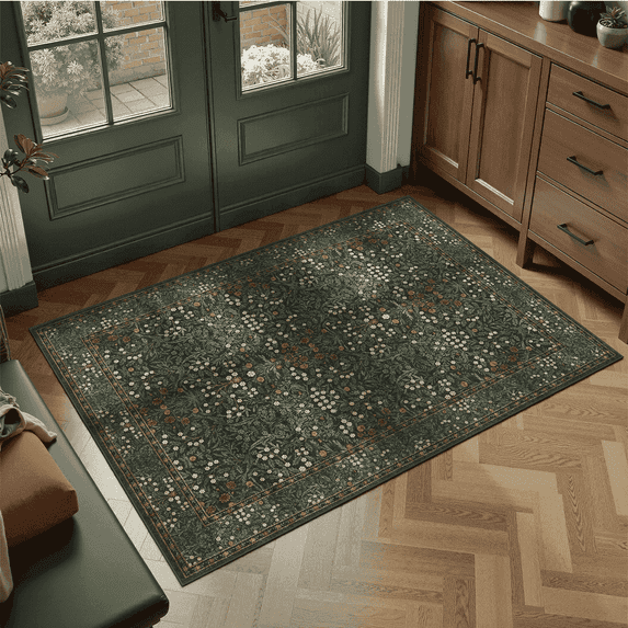 2x3 Entryway Rug, Machine Washable, Non-Slip, Stain-Resistant Low-Pile Vintage Floral Rug for Kitchen, Bathroom, Front Door-Green