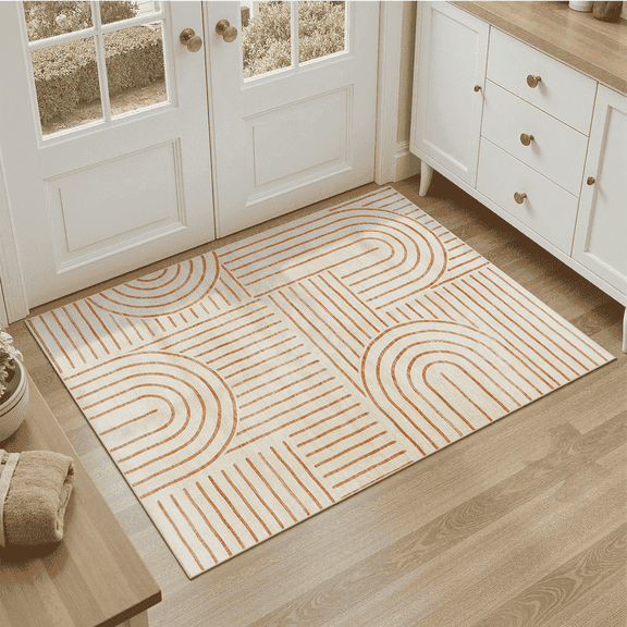 2x3 Entryway Rug, Machine Washable, Soft Midcentury Modern Non Slip Stain Resistant for Kitchen Bathroom, Front Door, Throw Rugs Indoor-Beige