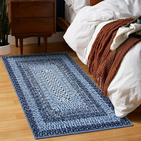 2x3 Entryway Rug Small Bedroom Area Rug Braided Printed Mat for Living Room Farmhouse Kitchen Mat Indoor Non Slip Rustic Throw Carpet Machine Washable Rug for Sink Under Table, Navy