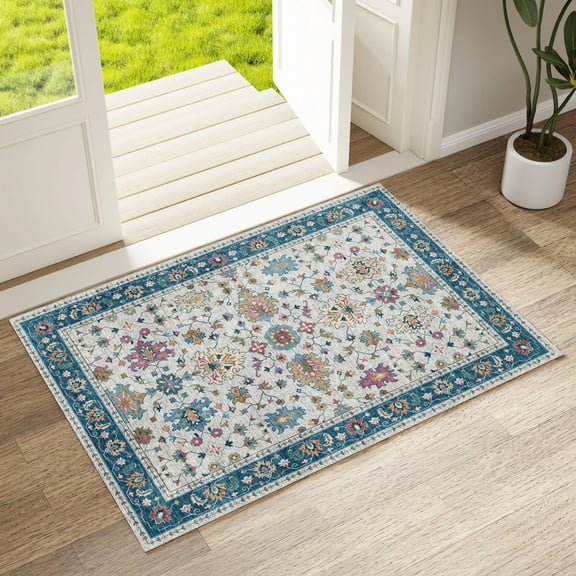 2x3 Entryway Rug, Soft Washable Rugs, Non Slip Area Rug, Stain Resistant Low Pile Rugs for Bedroom, Vintage Rug for Door Mat, Indigo