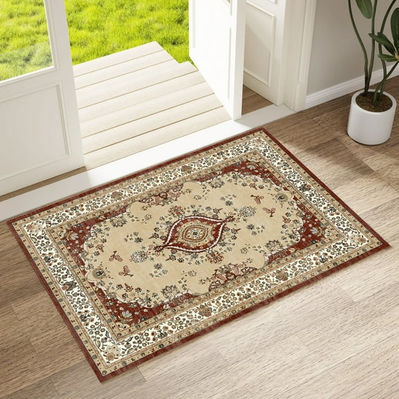 2x3 Entryway Rug, Soft Washable Rugs, Non Slip Area Rug, Stain Resistant Low Pile Rugs for Bedroom, Vintage Rug for Door Mat, Red