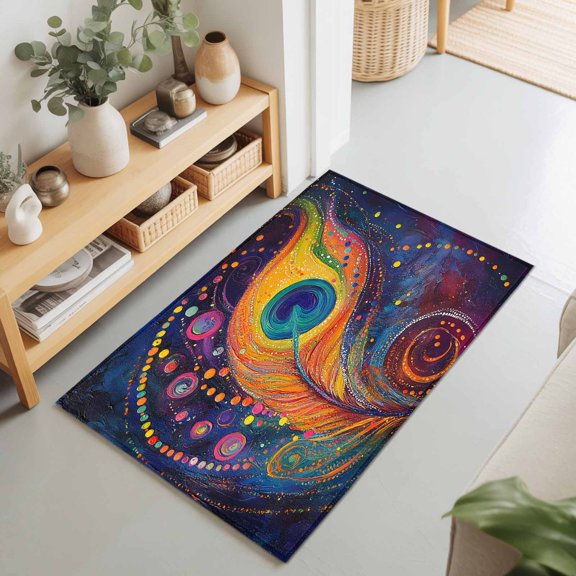 2x3 Feather Small Area Rug for Entryway, Washable Non Slip Low Pile Soft Indoor Rug for Kitchen Bathroom Bedside, Abstract Art Colorful Accent Rug