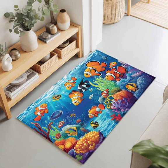 2x3 Fish Coral Small Area Rug for Entryway, Washable Non Slip Low Pile Soft Indoor Rug for Kitchen Bathroom Bedside, Seagrass Underwater World Accent Rug