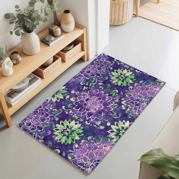 2x3 Flowers Purple Green Small Area Rug for Entryway, Washable Non Slip Low Pile Soft Indoor Rug for Kitchen Bathroom Bedside, Floral Watercolor Accent Rug