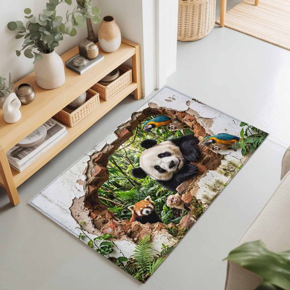 2x3 Ft Entryway Area Rug, 3D Forest Kitchen Rug Runner Washable Floor Mat, Modern Nature Optical Illusion Wild Animals Non Slip Indoor Door Mat Throw Carpet for Bathroom Living Room Bedroom