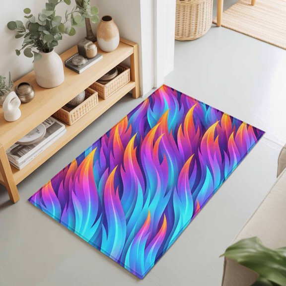2x3 Ft Entryway Area Rug, Abstract Flame Kitchen Rug Runner Washable Floor Mat, Blue Purple Orange Flames Gradient Art Non Slip Indoor Door Mat Throw Carpet for Bathroom Living Room Bedroom