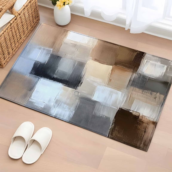 2x3 Ft Entryway Area Rug, Abstract Gray Brown Kitchen Rug Runner Washable Floor Mat, Oil Painting Color Blocks Non Slip Indoor Door Mat Throw Carpet for Bathroom Living Room Bedroom