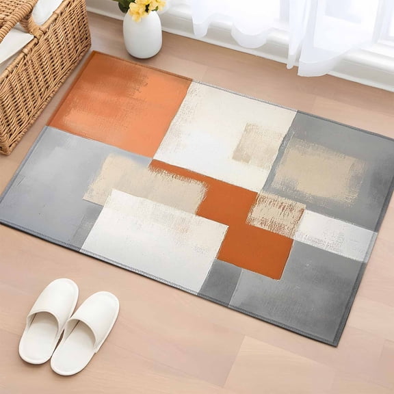 2x3 Ft Entryway Area Rug, Abstract Orange Grey Kitchen Rug Runner Washable Floor Mat, Vintage Simple Color Blocks Non Slip Indoor Door Mat Throw Carpet for Bathroom Living Room Bedroom