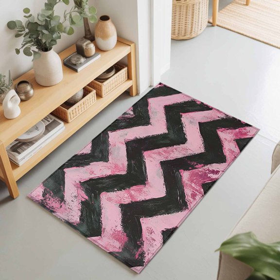 2x3 Ft Entryway Area Rug, Abstract Pink Kitchen Rug Runner Washable Floor Mat, Geometric Zigzag Waves Bohemian Stripes Non Slip Indoor Door Mat Throw Carpet for Bathroom Living Room Bedroom