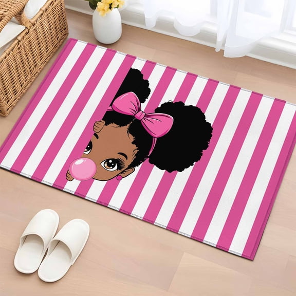 2x3 Ft Entryway Area Rug, African Girl Kitchen Rug Runner Washable Floor Mat, Afro American Black Girl with Bubble Pink Stripes Non Slip Indoor Door Mat Throw Carpet for Bathroom Living Room Bedroom