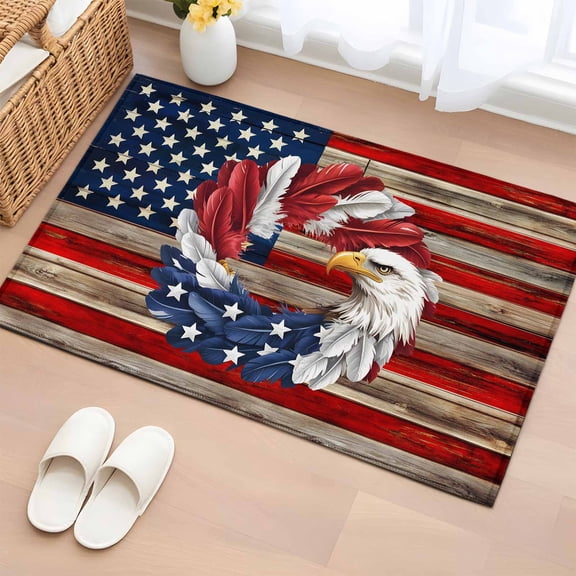2x3 Ft Entryway Area Rug, American Flag Kitchen Rug Runner Washable Floor Mat, Blue Red USA Flag Eagle Wreath Non Slip Indoor Door Mat Throw Carpet for Bathroom Living Room Bedroom