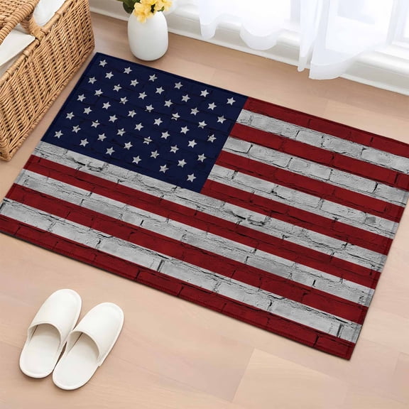 2x3 Ft Entryway Area Rug, American Flag Kitchen Rug Runner Washable Floor Mat, Vintage Brick Wall Star Striped Red Blue Non Slip Indoor Door Mat Throw Carpet for Bathroom Living Room Bedroom