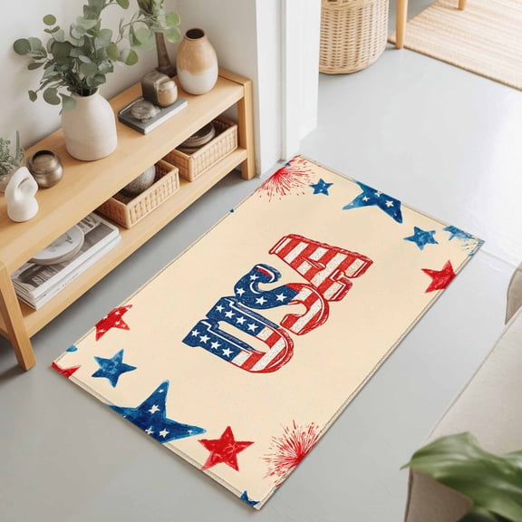 2x3 Ft Entryway Area Rug, American Map Kitchen Rug Runner Washable Floor Mat, Patriotic Freedom US Independence Tan Non Slip Indoor Door Mat Throw Carpet for Bathroom Living Room Bedroom