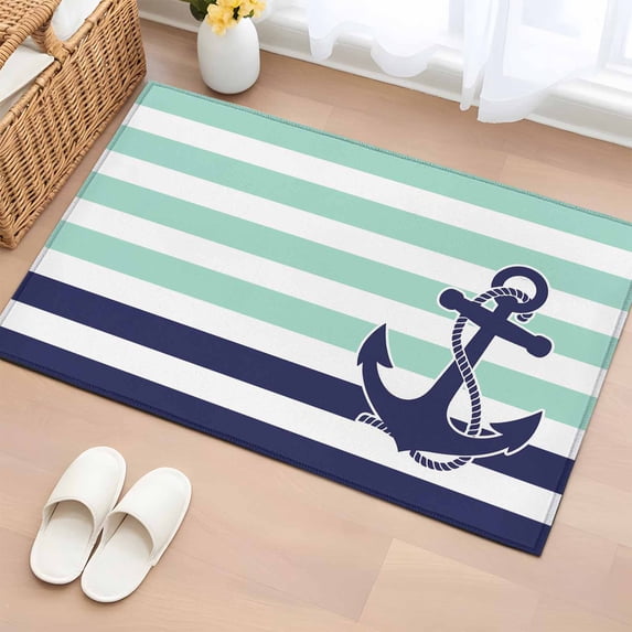 2x3 Ft Entryway Area Rug, Anchor Aqua Kitchen Rug Runner Washable Floor Mat, Modern Navy Blue White Striped Nautical Non Slip Indoor Door Mat Throw Carpet for Bathroom Living Room Bedroom