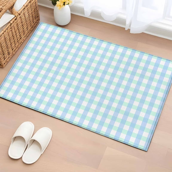 2x3 Ft Entryway Area Rug, Aqua Blue Green Kitchen Rug Runner Washable Floor Mat, Checkered Plaid Gingham Lattice Trellis Non Slip Indoor Door Mat Throw Carpet for Bathroom Living Room Bedroom