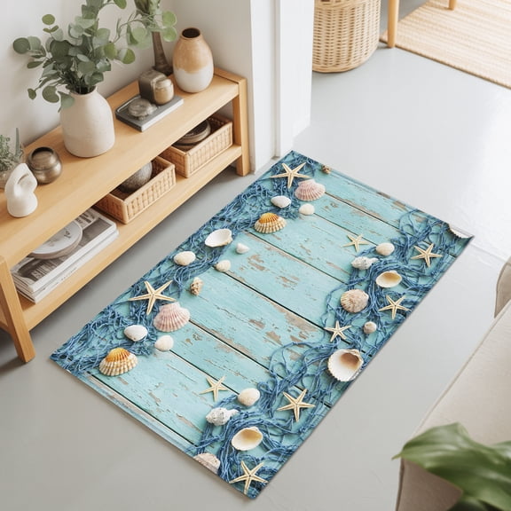 2x3 Ft Entryway Area Rug, Aqua Deck Coastal Kitchen Rug Runner Washable Floor Mat, Summer Beach Starfish Conch Fishing Net Non Slip Indoor Door Mat Throw Carpet for Bathroom Living Room Bedroom