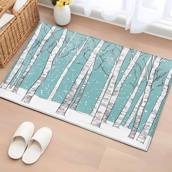 2x3 Ft Entryway Area Rug, Aqua Tree Trunk Kitchen Rug Runner Washable Floor Mat, Farmhouse Forest Snow Abstract Non Slip Indoor Door Mat Throw Carpet for Bathroom Living Room Bedroom