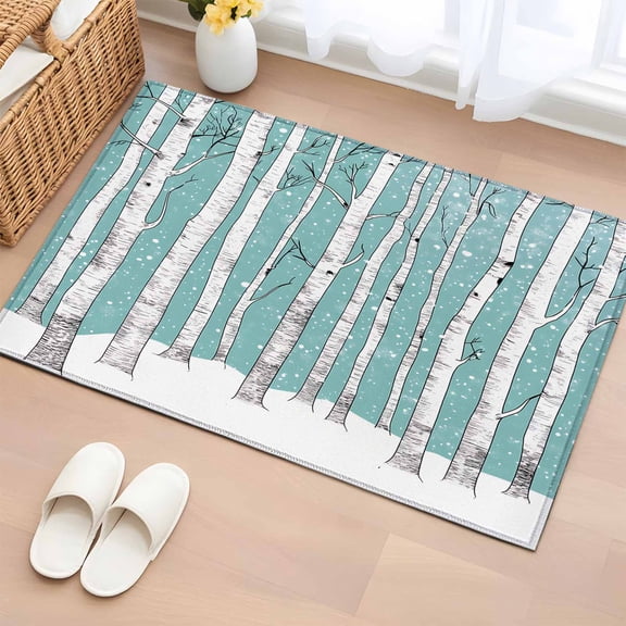 2x3 Ft Entryway Area Rug, Aqua Tree Trunk Kitchen Rug Runner Washable Floor Mat, Farmhouse Forest Snow Watercolor Non Slip Indoor Door Mat Throw Carpet for Bathroom Living Room Bedroom