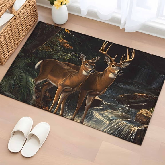 2x3 Ft Entryway Area Rug, Autumn Deer Kitchen Rug Runner Washable Floor Mat, Forest River Elk Vintage Non Slip Indoor Door Mat Throw Carpet for Bathroom Living Room Bedroom