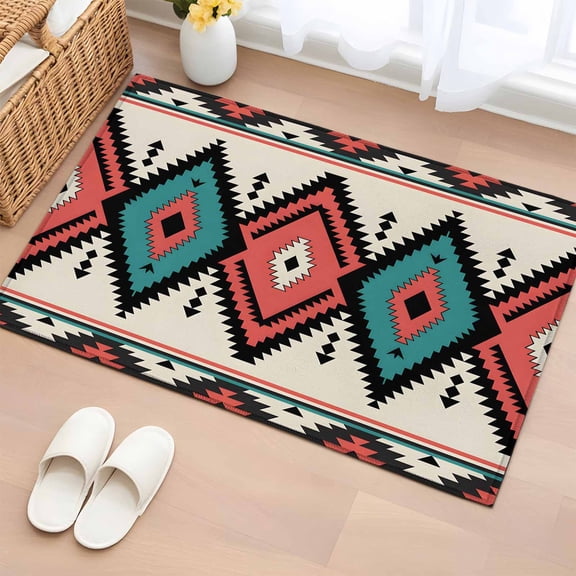 2x3 Ft Entryway Area Rug, Aztec Southwest Kitchen Rug Runner Washable Floor Mat, Geometric Red Blue Tribes Retro Non Slip Indoor Door Mat Throw Carpet for Bathroom Living Room Bedroom